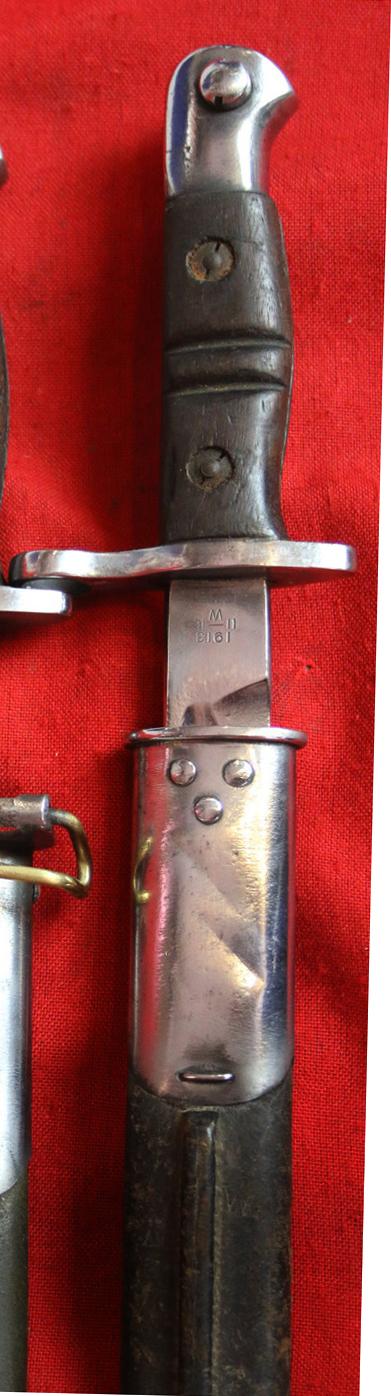 Rare WWI Winchester 1913, 1917 Dated Sword Bayonet With Dark Green Leather Scabbard, Made For The Remington WW1 Rifle, Used In WW2 By The British Home Guard