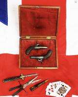 A Superb “American” Cased Pair of 1850 Derringer, Gambler’s Waistcoat or Boot Pistols By Wilson, of Superb Quality. A Very Neat Little Pair Of Large Calibre Small Pistols The Type of Earliest ‘Derringer’ Pistols Ideal For Concealed Protection