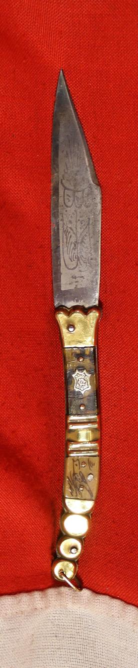 A Superb Antique Navaja Folding Knife 19th Century Circa 1850 Deluxe Etched Blade With Wings Tortoishell Panel Handle with Rattlesnake Tail Pattern. An Absolute Beauty!