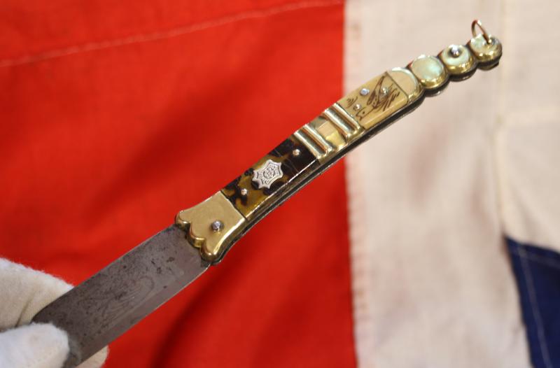 A Superb Antique Navaja Folding Knife 19th Century Circa 1850 Deluxe Etched Blade With Wings Tortoishell Panel Handle with Rattlesnake Tail Pattern. An Absolute Beauty!
