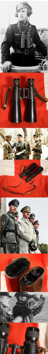 A Pair of Super & Historical 'Doppelfernrohr', WW2 Third Reich Binoculars Very Scarce SS Panzer Commander's Type 10 x 50 Binoculars. Third Reich Maker Code 'bmj' for Hensoldt & Sohne. In Its Original, Bespoke, Military Leather Carrying Case